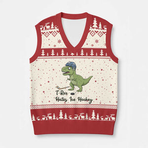 Dino Hates Ice Hockey V-Neck Knit Sweater Vest Funny Ice Sports Dinosaur Gift TS12 Beige Red Print Your Wear