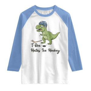 Dino Hates Ice Hockey Raglan Shirt Funny Ice Sports Dinosaur Gift TS12 White Carolina Blue Print Your Wear
