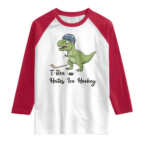 Dino Hates Ice Hockey Raglan Shirt Funny Ice Sports Dinosaur Gift TS12 White Red Print Your Wear