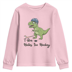 Dino Hates Ice Hockey Youth Sweatshirt Funny Ice Sports Dinosaur Gift TS12 Light Pink Print Your Wear
