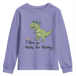 Dino Hates Ice Hockey Youth Sweatshirt Funny Ice Sports Dinosaur Gift TS12 Violet Print Your Wear