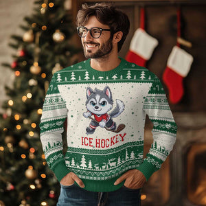 Funny Husky Playing Ice Hockey Ugly Christmas Sweater Gift For Dog Lovers TS12 Beige Green Print Your Wear