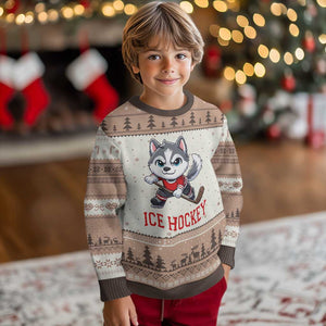 Funny Husky Playing Ice Hockey Ugly Christmas Sweater Gift For Dog Lovers TS12 Mocha Mousse Print Your Wear