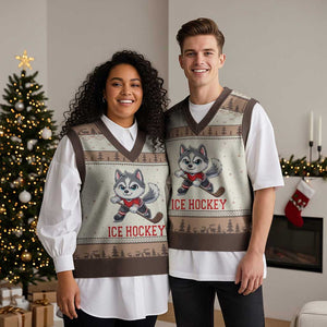 Funny Husky Playing Ice Hockey V-Neck Knit Sweater Vest Gift For Dog Lovers TS12 Mocha Mousse Print Your Wear