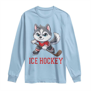 Funny Husky Playing Ice Hockey Long Sleeve Shirt Gift For Dog Lovers TS12 Light Blue Print Your Wear