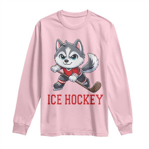 Funny Husky Playing Ice Hockey Long Sleeve Shirt Gift For Dog Lovers TS12 Light Pink Print Your Wear