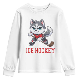 Funny Husky Playing Ice Hockey Youth Sweatshirt Gift For Dog Lovers TS12 White Print Your Wear