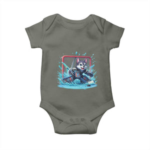 Siberian Husky Ice Hockey Player Baby Onesie Funny Goalie Gift TS12 Military Green Print Your Wear