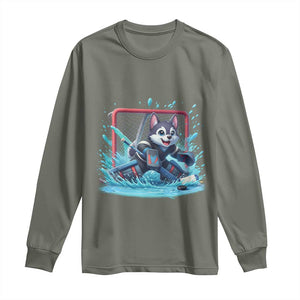 Siberian Husky Ice Hockey Player Long Sleeve Shirt Funny Goalie Gift TS12 Military Green Print Your Wear