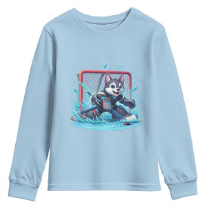 Siberian Husky Ice Hockey Player Youth Sweatshirt Funny Goalie Gift TS12 Light Blue Print Your Wear