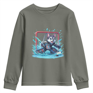 Siberian Husky Ice Hockey Player Youth Sweatshirt Funny Goalie Gift TS12 Military Green Print Your Wear