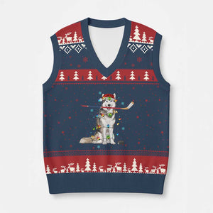 Funny Xmas Husky Ice Hockey Player Holiday Gift V-Neck Knit Sweater Vest TS12 Navy Red Print Your Wear