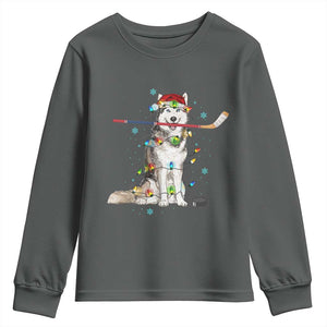 Funny Christmas Husky Ice Hockey Player Holiday Gift Youth Sweatshirt TS12 Dark Heather Print Your Wear