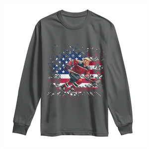 Funny Trump Playing Ice Hockey Long Sleeve Shirt Funny Patriotic Gift TS12 Dark Heather Print Your Wear