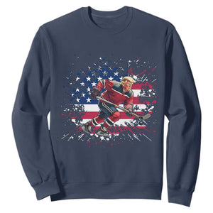 Funny Trump Playing Ice Hockey Sweatshirt Funny Patriotic Gift TS12 Navy Print Your Wear