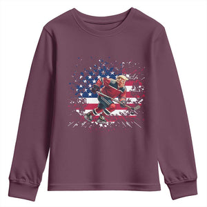 Funny Trump Playing Ice Hockey Youth Sweatshirt Funny Patriotic Gift TS12 Maroon Print Your Wear