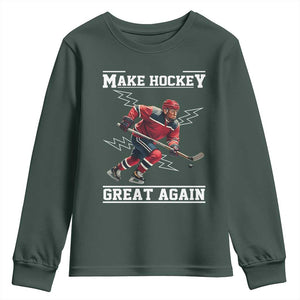 Funny Trump Ice Hockey Player Youth Sweatshirt Make Hockey Great Again TS12 Dark Forest Green Print Your Wear