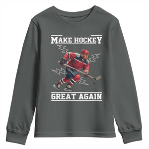 Funny Trump Ice Hockey Player Youth Sweatshirt Make Hockey Great Again TS12 Dark Heather Print Your Wear