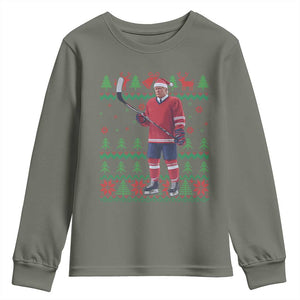 Trump Playing Ice Hockey Youth Sweatshirt Funny Ugly Christmas Sweater Gift TS12 Military Green Print Your Wear