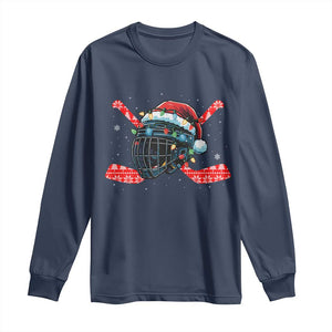 Christmas Ice Hockey Helmet Santa Long Sleeve Shirt Funny Xmas Gift TS12 Navy Print Your Wear