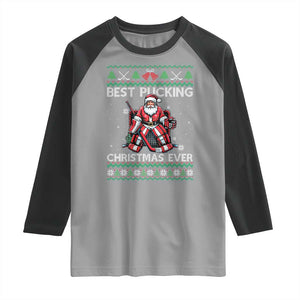 Best Pucking Christmas Ever Raglan Shirt Santa Hockey Goalie Ugly Sweater Gift TS12 Sport Gray Black Print Your Wear