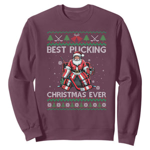 Best Pucking Christmas Ever Sweatshirt Santa Hockey Goalie Ugly Sweater Gift TS12 Maroon Print Your Wear