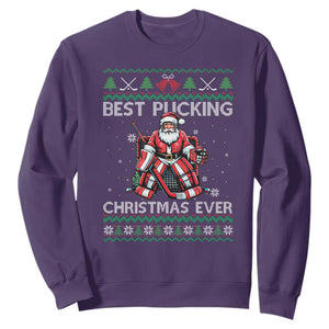 Best Pucking Christmas Ever Sweatshirt Santa Hockey Goalie Ugly Sweater Gift TS12 Purple Print Your Wear