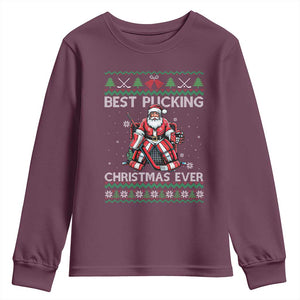 Best Pucking Christmas Ever Youth Sweatshirt Santa Hockey Goalie Ugly Sweater Gift TS12 Maroon Print Your Wear