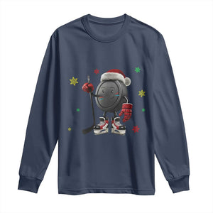 Funny Ice Hockey Holiday Gift Long Sleeve Shirt Cute Puck Wearing Santa Hat TS12 Navy Print Your Wear