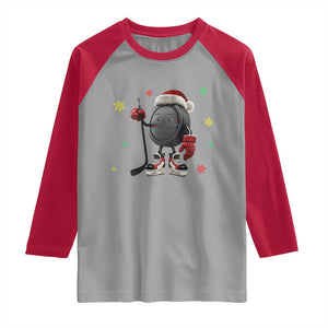 Funny Ice Hockey Holiday Gift Raglan Shirt Cute Puck Wearing Santa Hat TS12 Sport Gray Red Print Your Wear