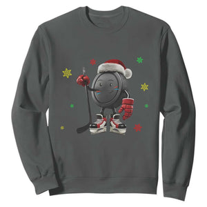 Funny Ice Hockey Holiday Gift Sweatshirt Cute Puck Wearing Santa Hat TS12 Dark Heather Print Your Wear