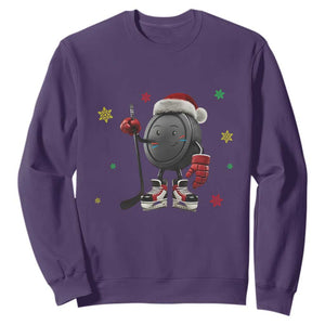 Funny Ice Hockey Holiday Gift Sweatshirt Cute Puck Wearing Santa Hat TS12 Purple Print Your Wear