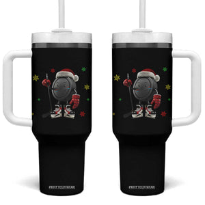 Funny Ice Hockey Holiday Gift Tumbler With Handle Cute Puck Wearing Santa Hat TS12 One Size: 40 oz Black Print Your Wear