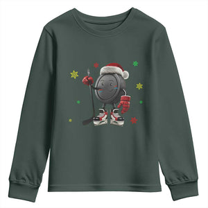 Funny Ice Hockey Holiday Gift Youth Sweatshirt Cute Puck Wearing Santa Hat TS12 Dark Forest Green Print Your Wear