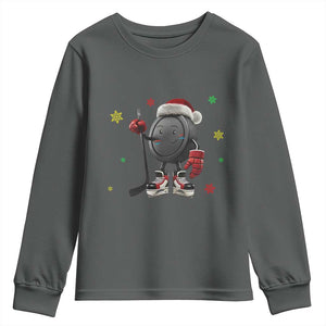 Funny Ice Hockey Holiday Gift Youth Sweatshirt Cute Puck Wearing Santa Hat TS12 Dark Heather Print Your Wear