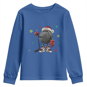 Funny Ice Hockey Holiday Gift Youth Sweatshirt Cute Puck Wearing Santa Hat TS12 Royal Blue Print Your Wear