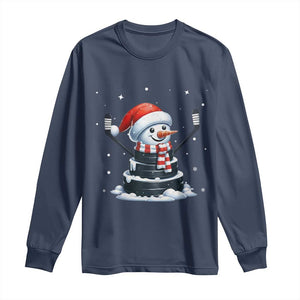 Hockey Puck Snowman Long Sleeve Shirt Funny Holiday Christmas Gift TS12 Navy Print Your Wear
