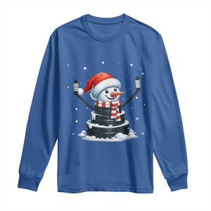 Hockey Puck Snowman Long Sleeve Shirt Funny Holiday Christmas Gift TS12 Royal Blue Print Your Wear