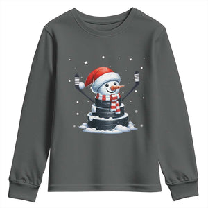 Hockey Puck Snowman Youth Sweatshirt Funny Holiday Christmas Gift TS12 Dark Heather Print Your Wear