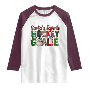 Santa Favorite Hockey Goalie Raglan Shirt Funny Christmas Gift TS12 White Maroon Print Your Wear