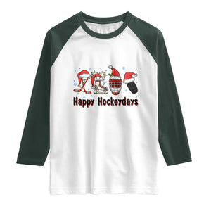 Happy Hockeydays Raglan Shirt Funny Christmas Ice Hockey Gift TS12 White Dark Forest Green Print Your Wear
