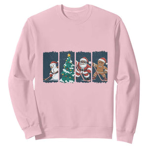 Funny Ice Hockey Christmas Gift Sweatshirt Santa Snowman And Gingerbread Playing Together TS12 Light Pink Print Your Wear