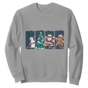 Funny Ice Hockey Christmas Gift Sweatshirt Santa Snowman And Gingerbread Playing Together TS12 Sport Gray Print Your Wear