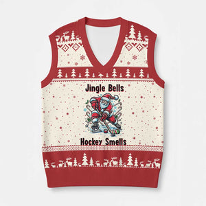 Jingle Bells Hockey Smells V-Neck Knit Sweater Vest Funny Santa Ice Hockey Xmas Gift TS12 Beige Red Print Your Wear