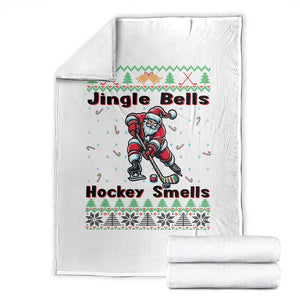 Ugly Christmas Sweater Santa Playing Hockey Throw Blanket Jingle Bells Hockey Smells TS12 White Print Your Wear