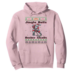 Ugly Christmas Sweater Santa Playing Hockey Hoodie Jingle Bells Hockey Smells TS12 Light Pink Print Your Wear