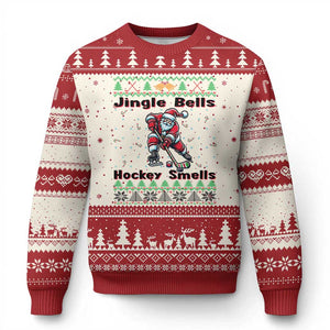 Ugly Xmas Sweater Santa Playing Hockey Ugly Christmas Sweater Jingle Bells Hockey Smells TS12 Beige Red Print Your Wear