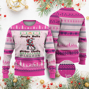Ugly Xmas Sweater Santa Playing Hockey Ugly Christmas Sweater Jingle Bells Hockey Smells TS12 Hot Pink Print Your Wear