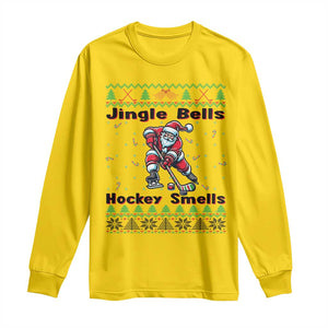 Ugly Christmas Sweater Santa Playing Hockey Long Sleeve Shirt Jingle Bells Hockey Smells TS12 Daisy Print Your Wear