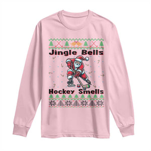 Ugly Christmas Sweater Santa Playing Hockey Long Sleeve Shirt Jingle Bells Hockey Smells TS12 Light Pink Print Your Wear